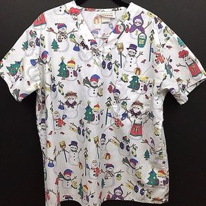 Christmas Scrub Top Snowmen Christmas Trees Size Medium Multi Color Holiday